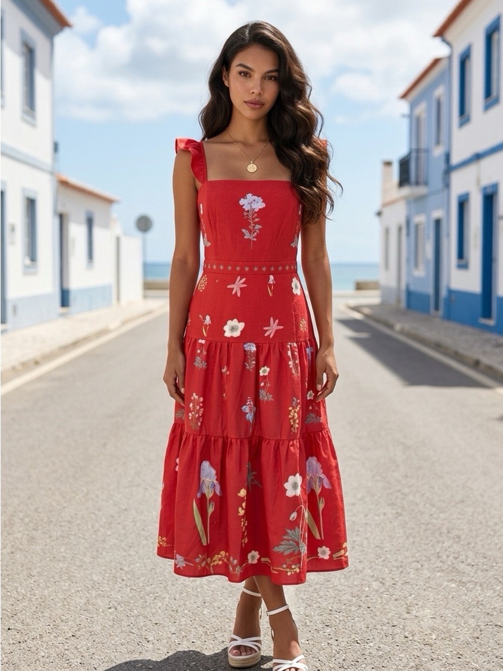 Floral Red Tiered Midi Dress with Square Neck and Tie Straps
